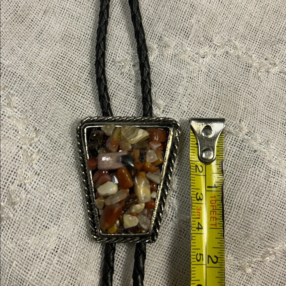 Vintage Bolo tie western leather, ornate medallion natural agate, jasper, etc
